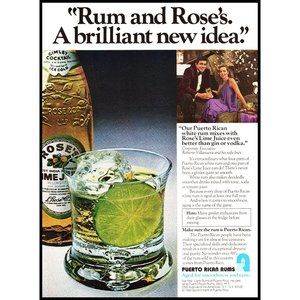 1981 Puerto Rican Run Rose's Lime Juice Vintage Print Ad Couple Purple Gown Art
